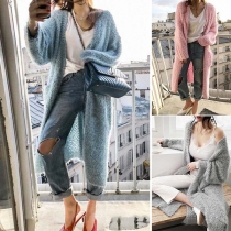 Fashion Solid Color Long Sleeve Side Pockets Long Slit Hem Cardigan Coat