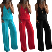 Sexy Backless V-neck Solid Color Sling Jumpsuit