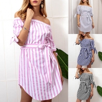 Sexy Off-shoulder Boat Neck Short Sleeve Striped Dress