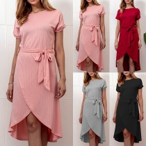 Elegant Solid Color Short Sleeve Round Neck Irregular Hem Dress