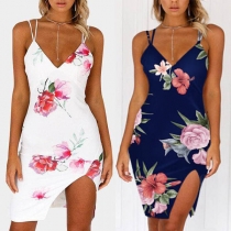 Sexy Backless V-neck Slit Hem Slim Fit Printed Sling Dress