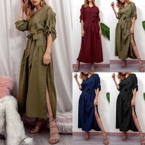 Fashion Solid Color Long Sleeve V-neck Slit Hem Dress