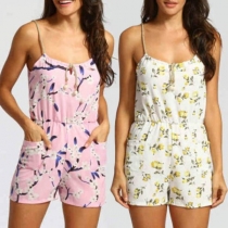 Sexy Backless High Waist Printed Sling Romper 