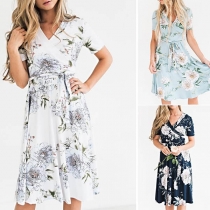 Fashion Short Sleeve V-neck Printed Dress