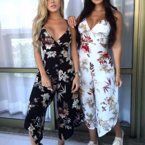 Sexy Backless V-neck Irregular Hem Printed Sling Jumpsuit 