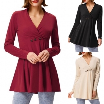 Fashion Solid Color Long Sleeve V-neck Top