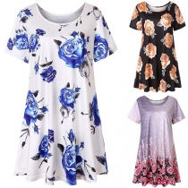Fashion Short Sleeve Round Neck Printed T-shirt Dress