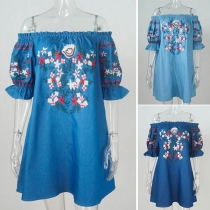 Sexy Off-shoulder Boat Neck Short Sleeve Embroidered Dress