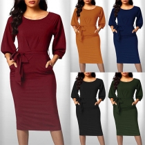 Elegant Solid Color Long Sleeve Round Neck Slim Fit Dress