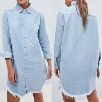 Fashion Long Sleeve POLO Collar Frayed Hem Denim Dress