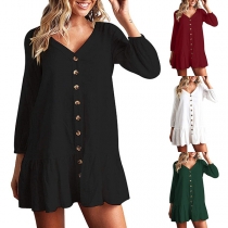 Fashion Solid Color Long Sleeve V-neck Single-breasted Dress