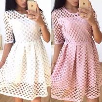 Sexy Solid Color Short Sleeve Round Neck Hollow Out Dress