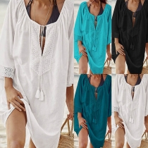 Fashion Solid Color 3/4 Sleeve Lace Spliced Bikini Smock 