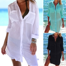 Fashion Solid Color Long Sleeve POLO Collar Shirt Dress