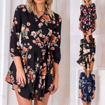 Fashion 3/4 Sleeve V-neck Irregular Hem Printed Dress