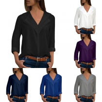 Fashion Solid Color Long Sleeve V-neck Chiffon Blouse