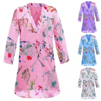 Fashion 3/4 Sleve V-neck High-low Hem Printed Blouse 