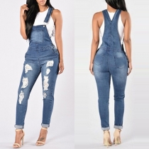 Fashion High Waist Slim Fit Ripped Denim Overalls