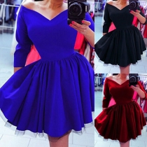 Elegant Solid Color Half Sleeve V-neck Tutu Dress