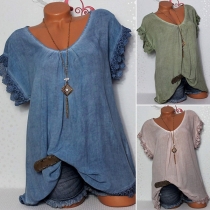 Fashion Solid Color Short Sleeve V-neck Lace Spliced T-shirt