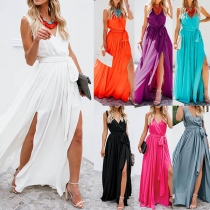 Sexy Deep V-neck Slit Hem Sleeveless Solid Color Party Dress