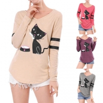 Långärmad T-shirt med söt kattmotiv och V-ringning