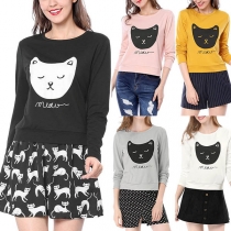 Cute Cat Printed Long Sleeve Round Neck Sweatshirt 