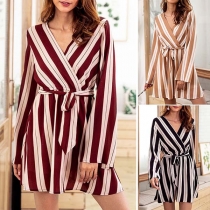 Sexy V-neck Long Sleeve Striped Dress