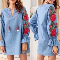 Fashion Embroidered Spliced Lantern Sleeve V-neck Denim Dress