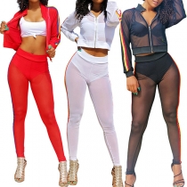 Sexy Striped Spliced Long Sleeve See-through Top + Pants Two-piece Set 