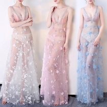 Sexy Backless High Waist Embroidered See-through Gauze Dress