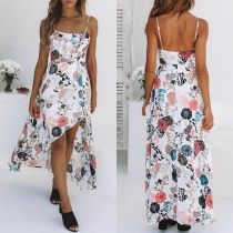 Sexy Backless Irregular Hem Printed Sling Dress
