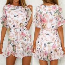 Fresh Style Short Sleeve Round Neck Ruffle Hem Printed Dress