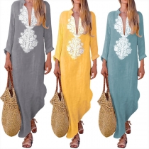 Fashion Long Sleeve V-neck Irregular Hem Printed Dress