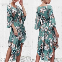 Sweet Style Trumpet Sleeve Lace-up V-neck Irregular Hem Printed Dress
