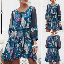 Fashion 3/4 Lantern Sleeve Lace-up V-neck Printed Dress