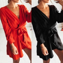 Sexy V-neck Lantern Sleeve Solid Color Dress