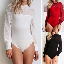 Fashion Long Sleeve Mock Neck Gauze Spliced Bodysuit