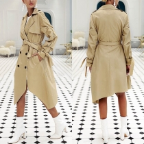 Fashion Long Sleeve Double-breasted Irregular Hem Windbreaker Coat 