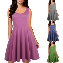 Fashion Solid Color Sleeveless Round Neck Dress