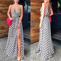 Sexy Backless V-neck Slit Hem Dots Printed Sling Dress