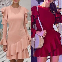 Elegant Solid Color Long Sleeve Round Neck Ruffle Dress