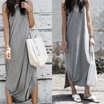 Fashion Solid Color Sleeveless Round Neck Slit Hem Dress