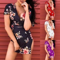 Sexy Deep V-neck Slit Hem Short Sleeve Printed Dress