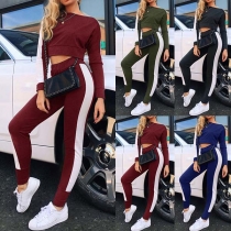 Fashion Contrast Color Long Sleeve Crop Top + Sports Leggings Two-piece Set
