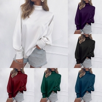 Fashion Solid Color Lantern Sleeve High Neck Loose Chiffon Top
