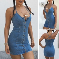 Sexy Backless V-neck Single-breasted Slim Fit Sling Denim Dress