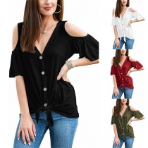 Sexy Off-shoulder Short Sleeve V-neck Solid Color T-shirt 