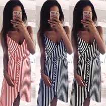 Sexy Backless V-neck Irregular Hem Slim Fit Sling Striped Dress