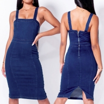 Sexy Backless Back-slit Hem Slim Fit Sling Denim Dress